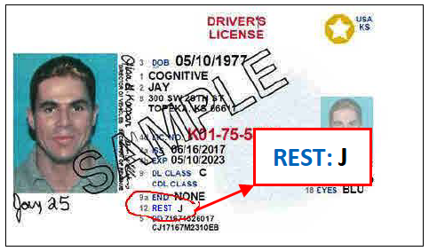 This is an example of the front of a driver's license with a "J" in the restriction field.