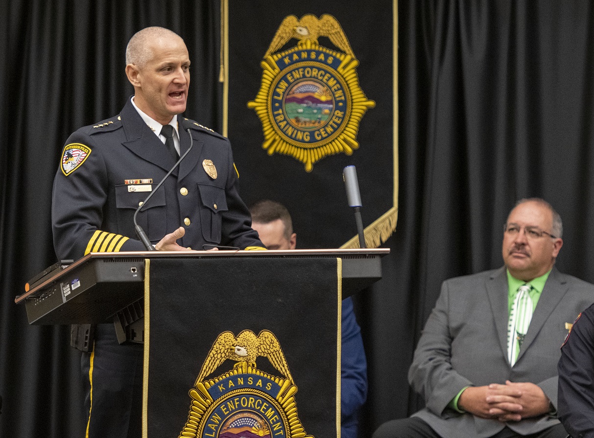 Chief Jeffrey Hooper of the Hutchinson Police Department gives the commencement address at the ceremony for KLETC's 259th graduating class.